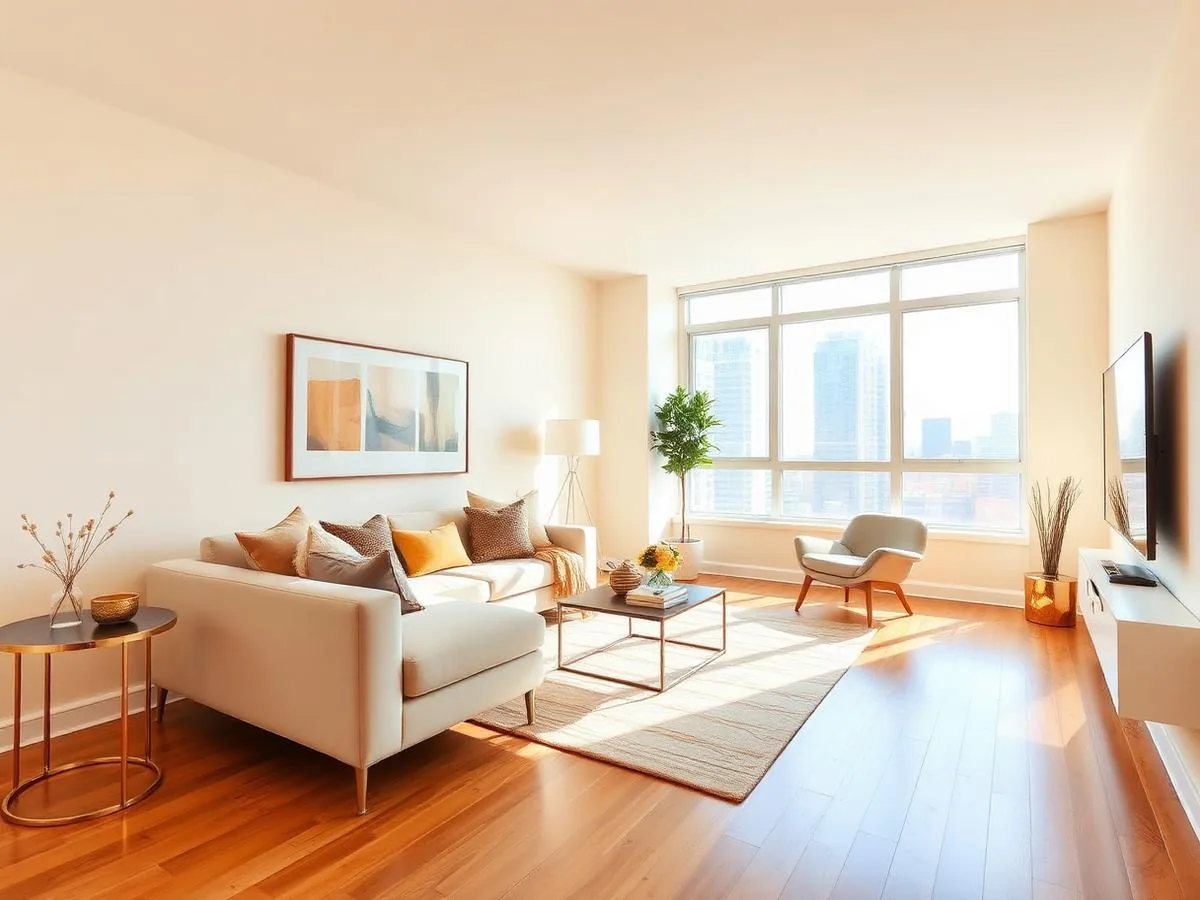 Unit 1A living room with hardwood floors and large windows