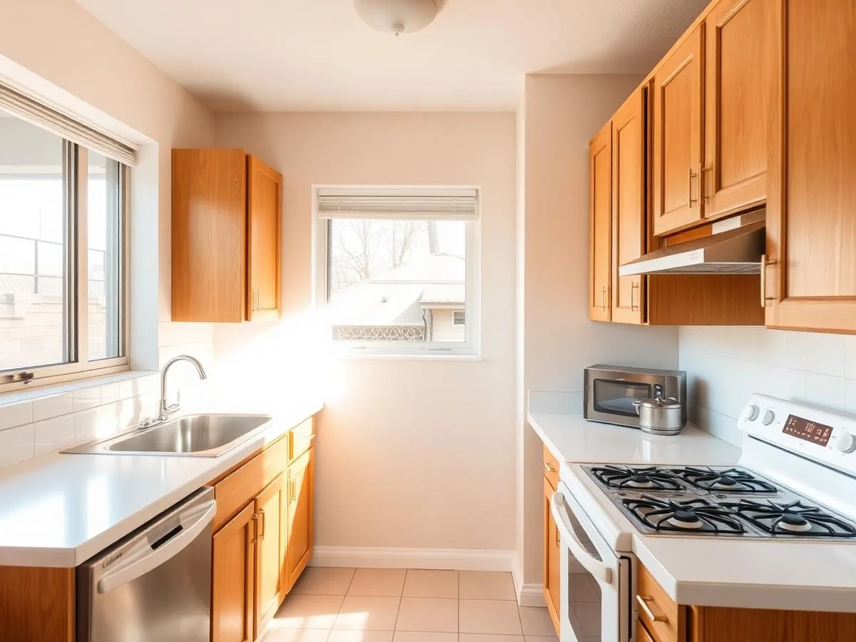 Unit 1A kitchen with oak cabinets and stainless appliances