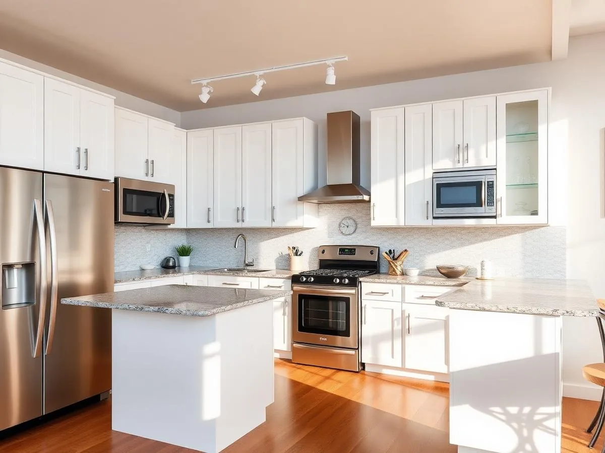 Unit 2B kitchen with white cabinets and granite counters