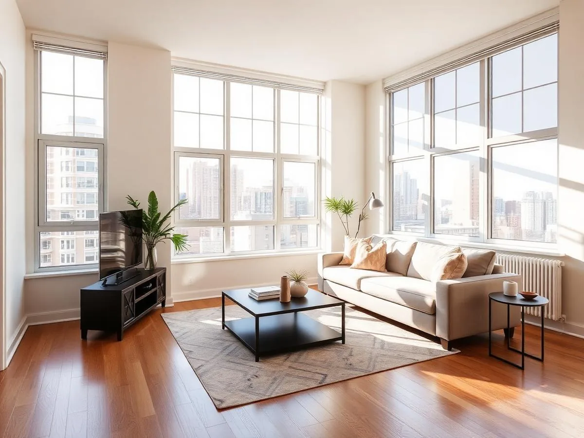 Unit 2B corner living room with windows on two walls
