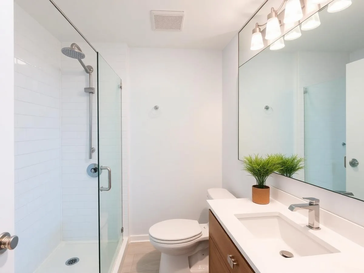Unit 3C bathroom with glass shower and wood vanity